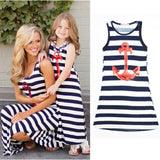 Summer New Fashion Family Matching Outfits Mom Daughter Striped Anchors Girls Beach Dress Vest Dress