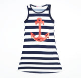 Summer New Fashion Family Matching Outfits Mom Daughter Striped Anchors Girls Beach Dress Vest Dress